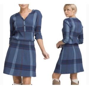 NWT prAna Sugar Pine Crinkle Gauze Organic Cotton Blouson Denim Blue Plaid Dress